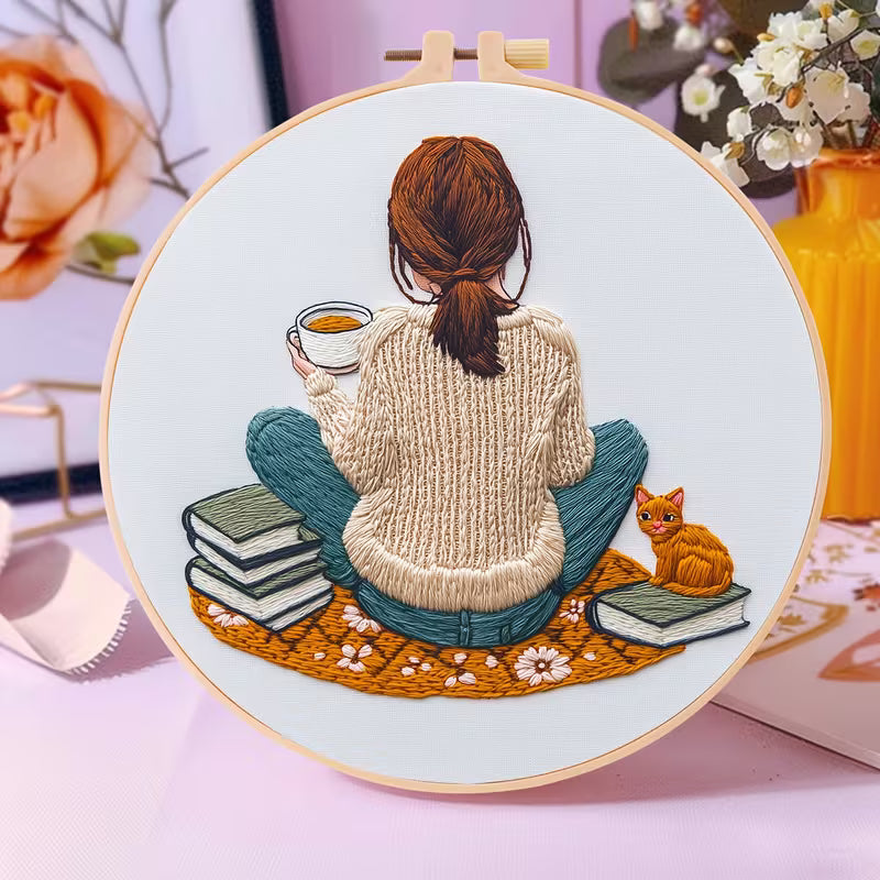 Girl with books Embroidery DIY Kit