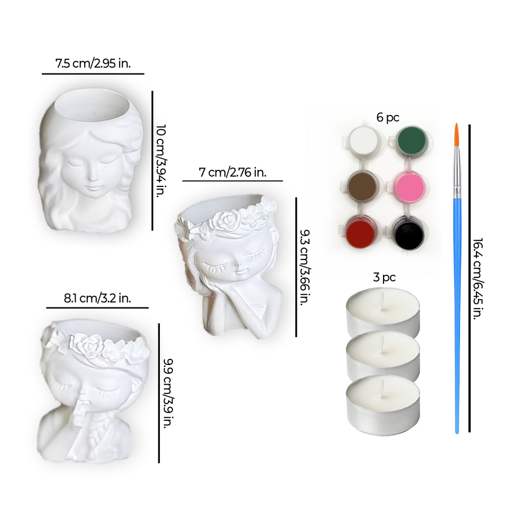 Girl Plaster Paint Kit - Planter & Candle Holder, 3 pc